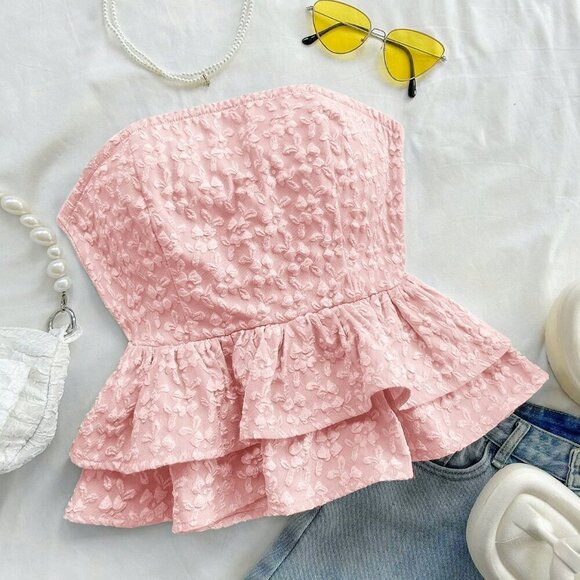 Baby Pink Boho Women's Vacation Jacquard Tie Backless Tube Top - Picture 1 of 6